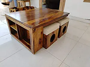 S H Arts Sheesham Wooden Centre Coffee Tables with 4 Stools